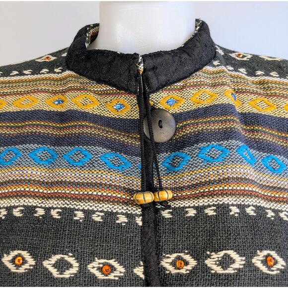 VTG Flashback Jacket Blazer Large Black Woven Cotton Ethnic Boho Aztec Beaded - Picture 3 of 11